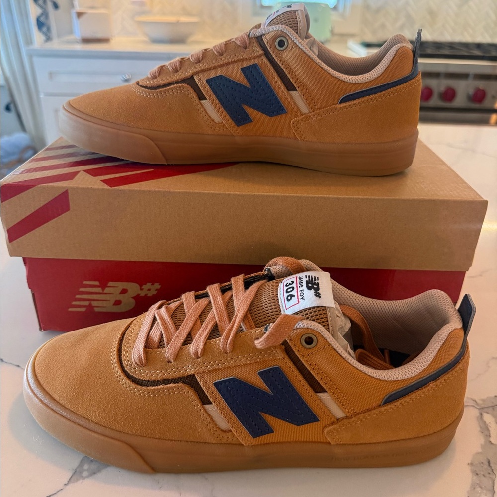 New Balance Tan Suede Sneakers with Navy 'N' Accent